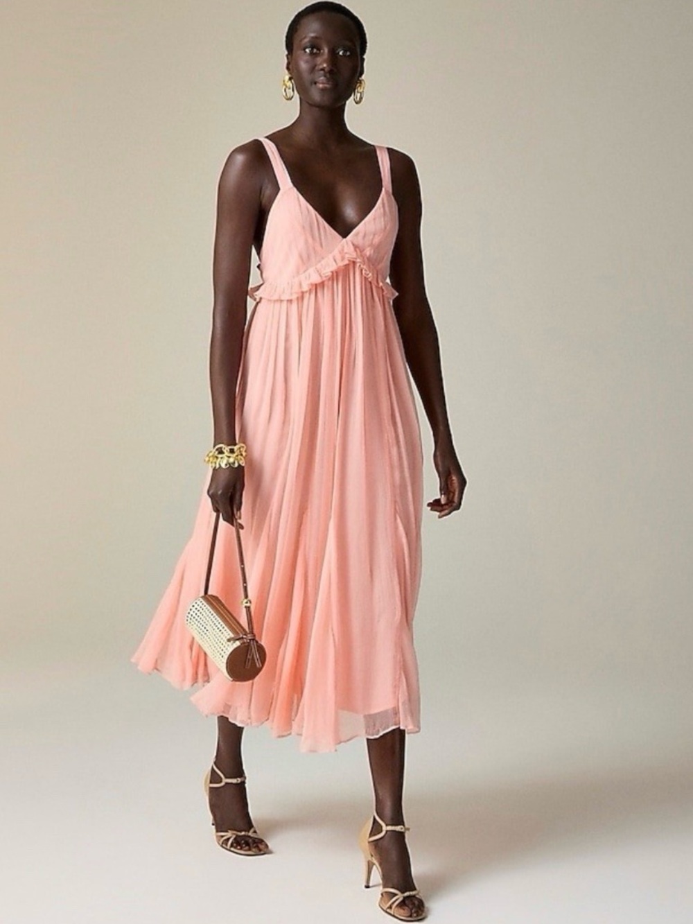 NEW J Crew Collection 2025 Blushed Peach Ruffle Trim Crinkle Cupro Midi Dress 24